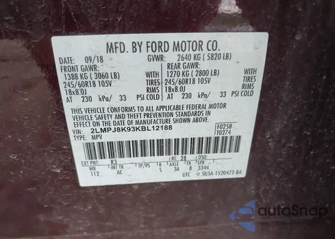 2019 Lincoln Nautilus Select из США, поврежденный, VIN 2LMPJ8K93KBL12188